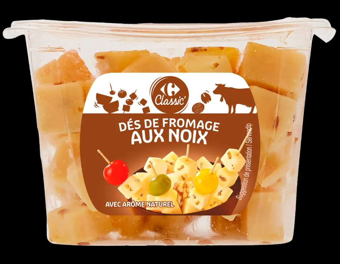 Illustration du rappel ALERTE : dés de fromage au noix 150g carrefour classic - détection de listéria monocytogènes <10 ufcg