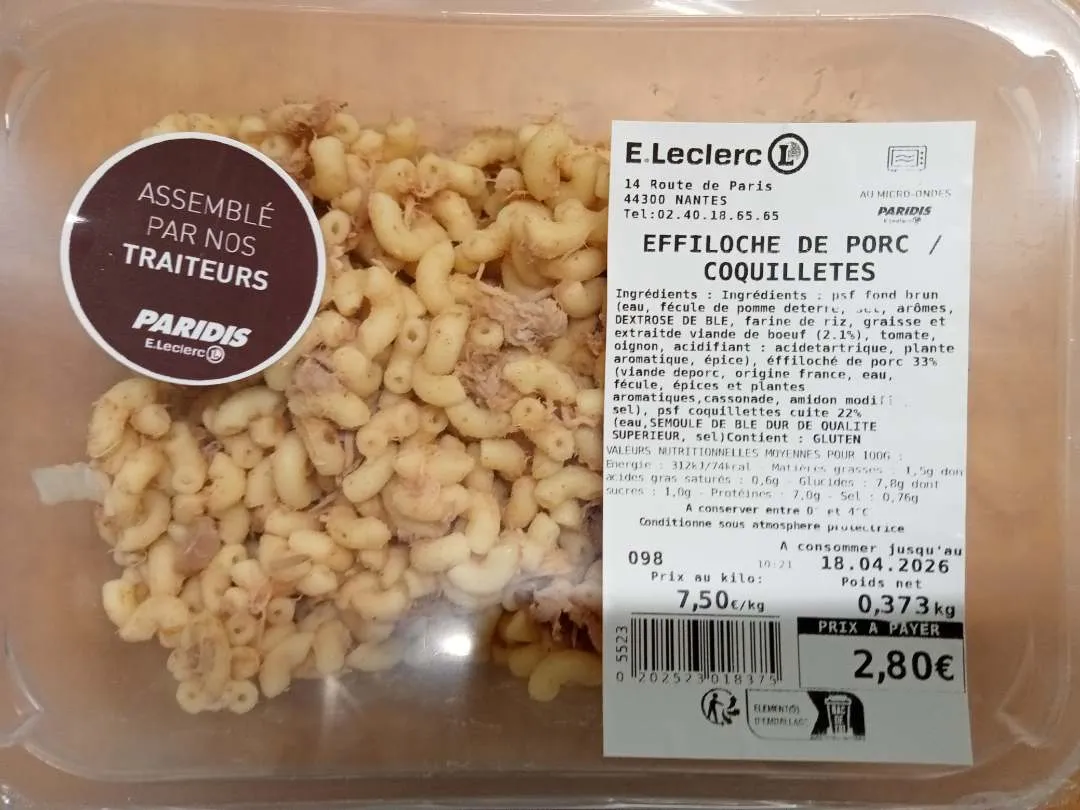 Illustration du rappel 🚨 ALERTE RAPPEL : Effiloché de porc et coquillettes (sans marque) - Erreur de DLC et défaut d'étanchéité
